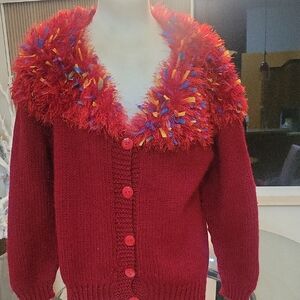 Vibrant Red Women's Cardigan with Fuzzy Collar